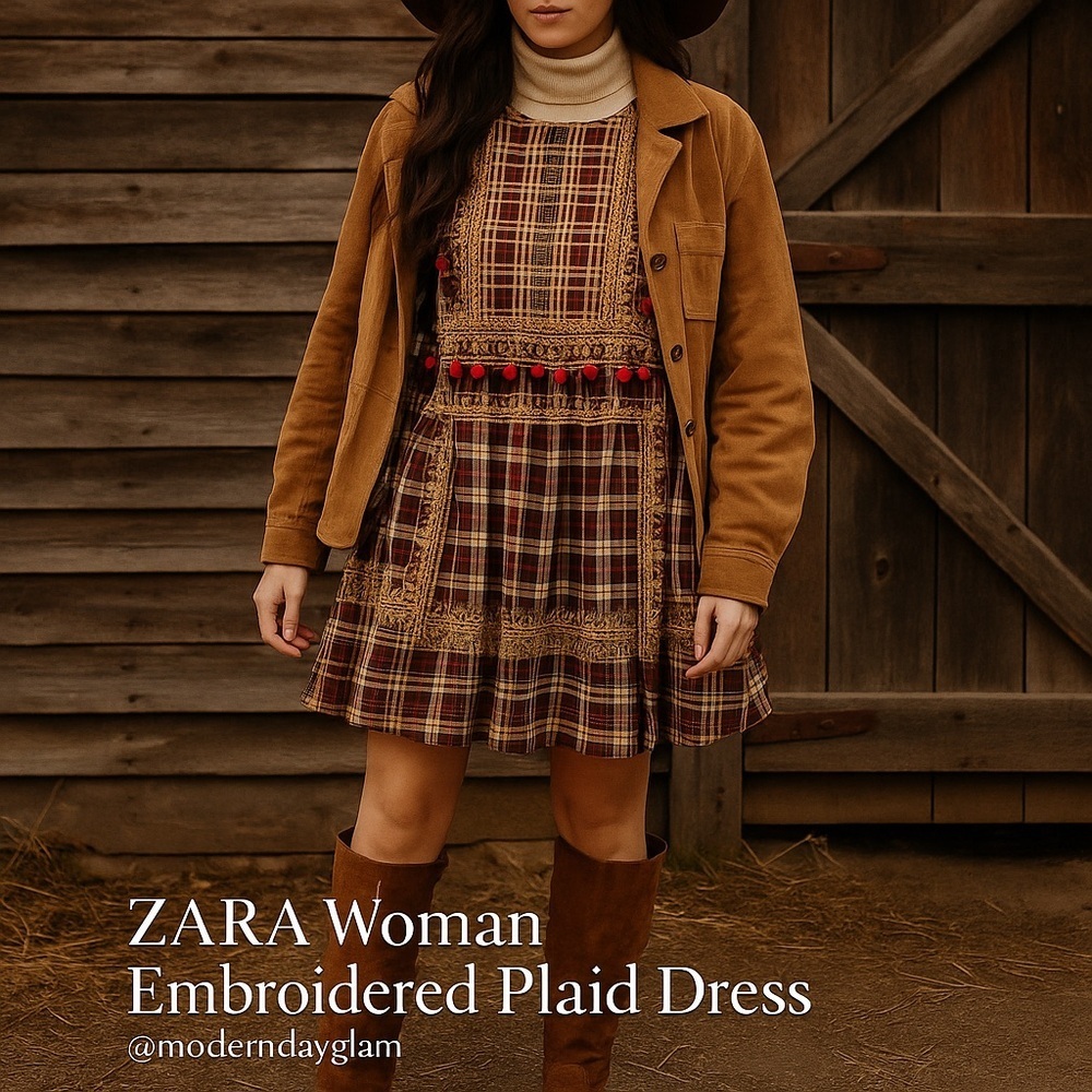 ZARA Woman Embroidered Plaid Dress M‎ | Boho Western Fall Festival cottagecore